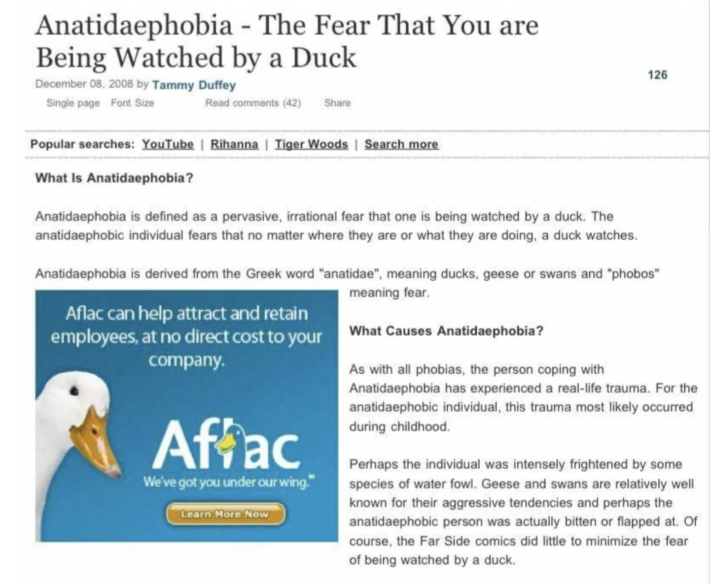 screenshot - Anatidaephobia The Fear That You are Being Watched by a Duck by Tammy Duffey Single page Font Size Read 42 126 Popular searches YouTube | Rihanna | Tiger Woods | Search more What Is Anatidaephobia? Anatidaephobia is defined as a pervasive, ir